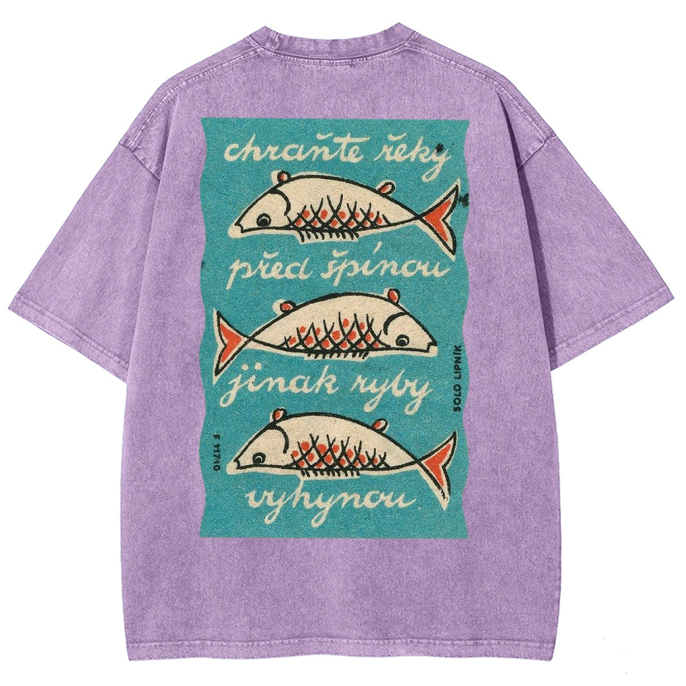 Fishes Pattern Printed Washed Vintage Short Sleeves T-Shirt