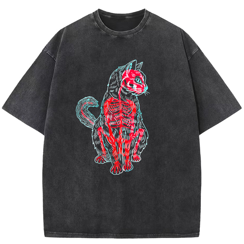 Cat Skeleton Art Print Washed T-Shirt