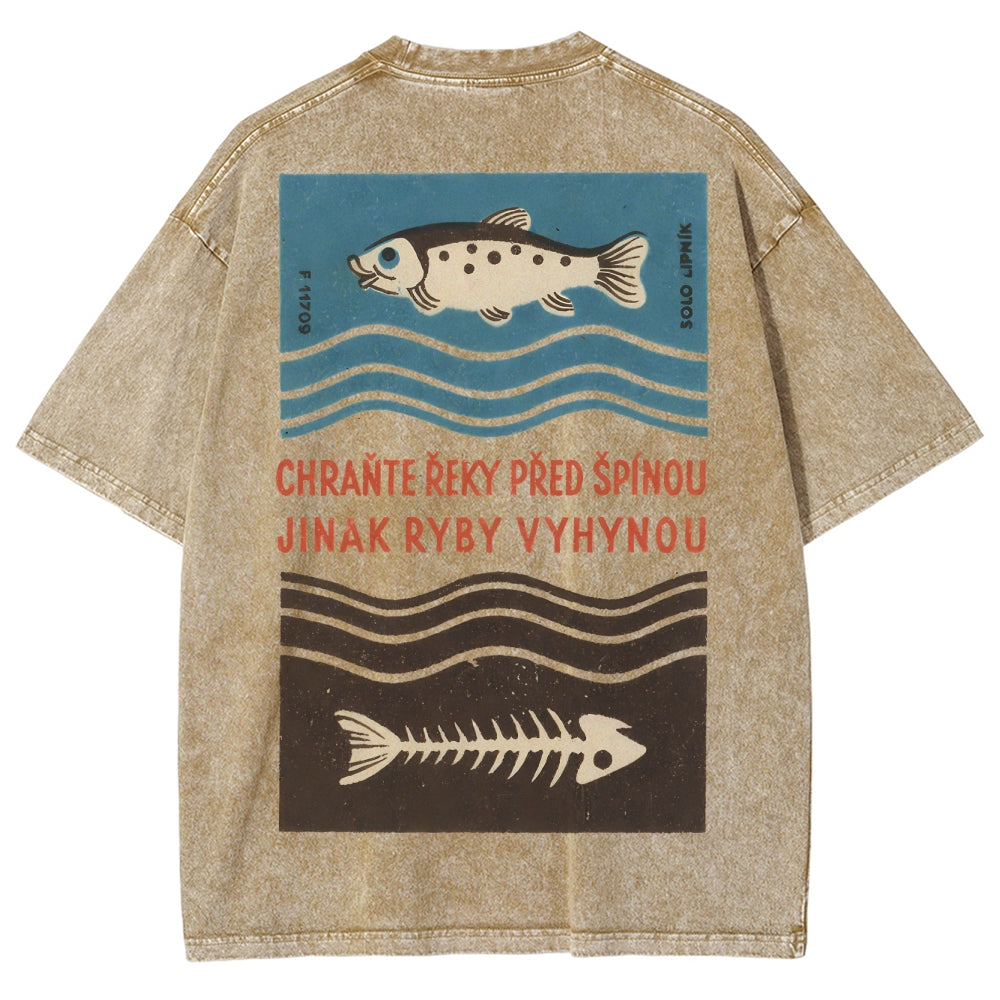 Fish And Fish Bone Washed Vintage Short Sleeves T-Shirt