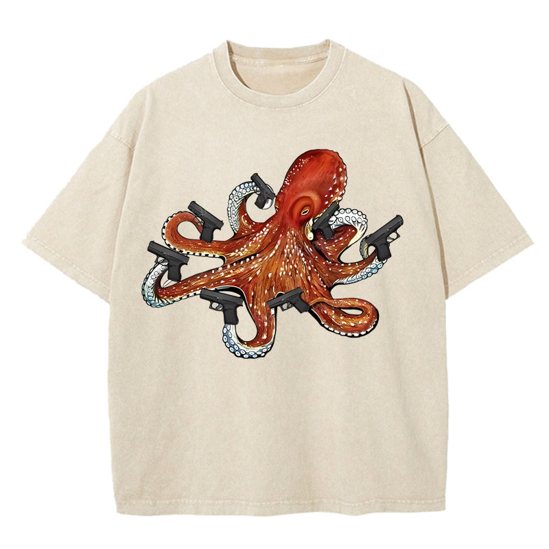 Funny Octopus With Guns Washed T-Shirt