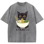 Ramen Lover Cute Cat Washed T-Shirt