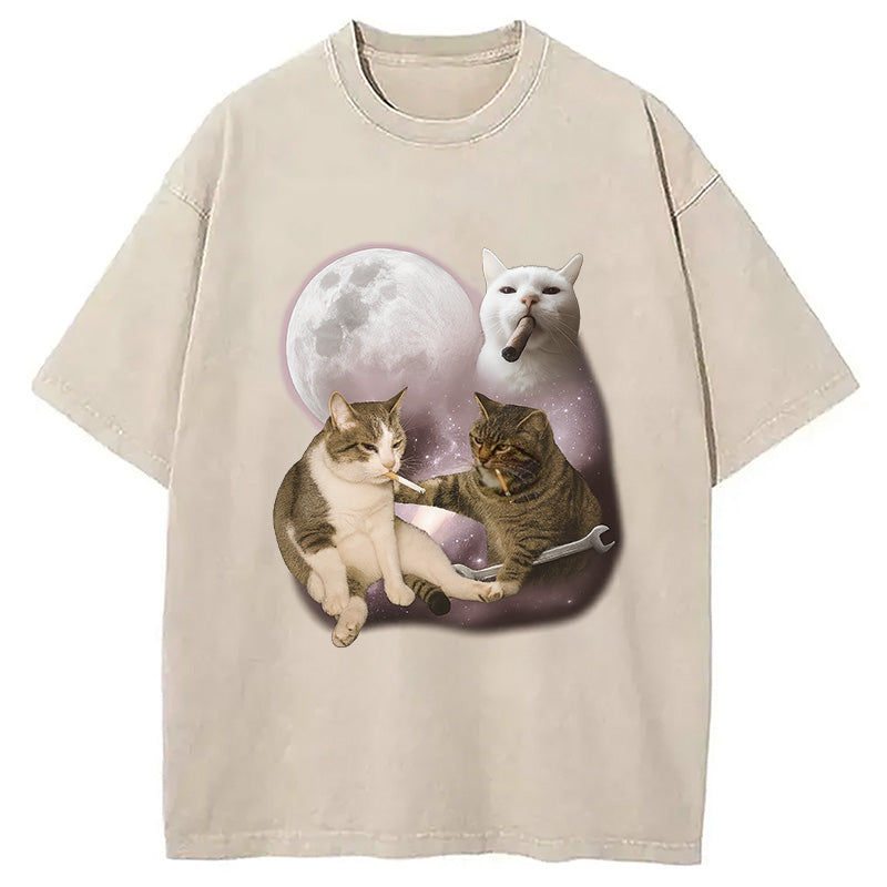 Three Cat Smoking Retro Washed T-Shirt