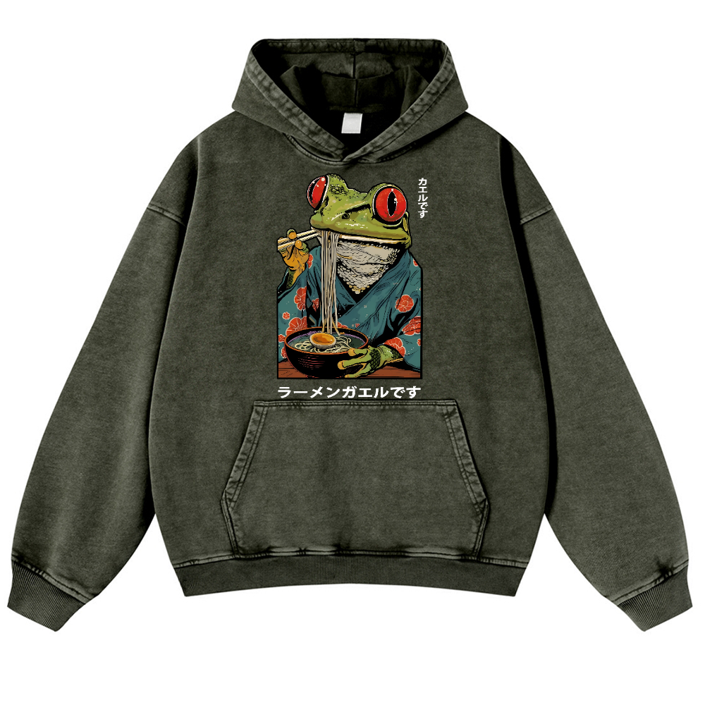 Frog Ramen Vintage Washed Thick Cotton Hoodie