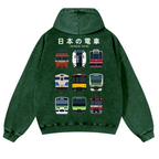 Japanese Trains Vintage Washed Cotton Back Art Hoodie