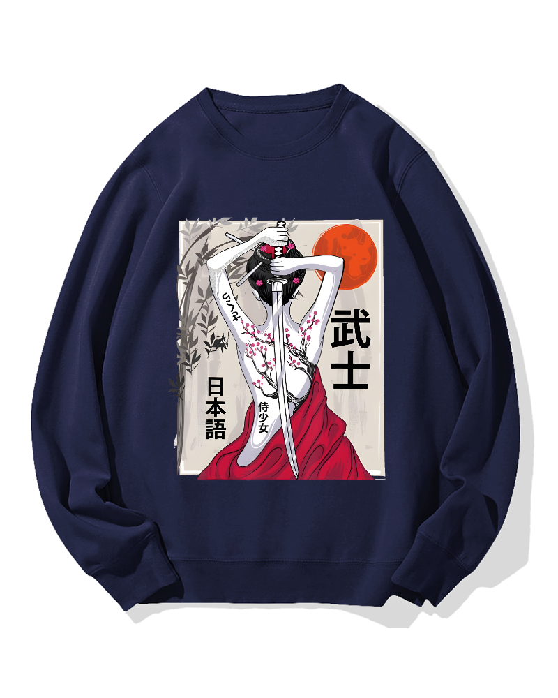Japanese Samurai Girl Scenery Vintage Sakura Cotton Sweatshirt