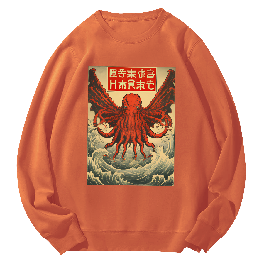 Unisex The Japanese style octopus monster in the huge waves Round Neck Sweatshirt