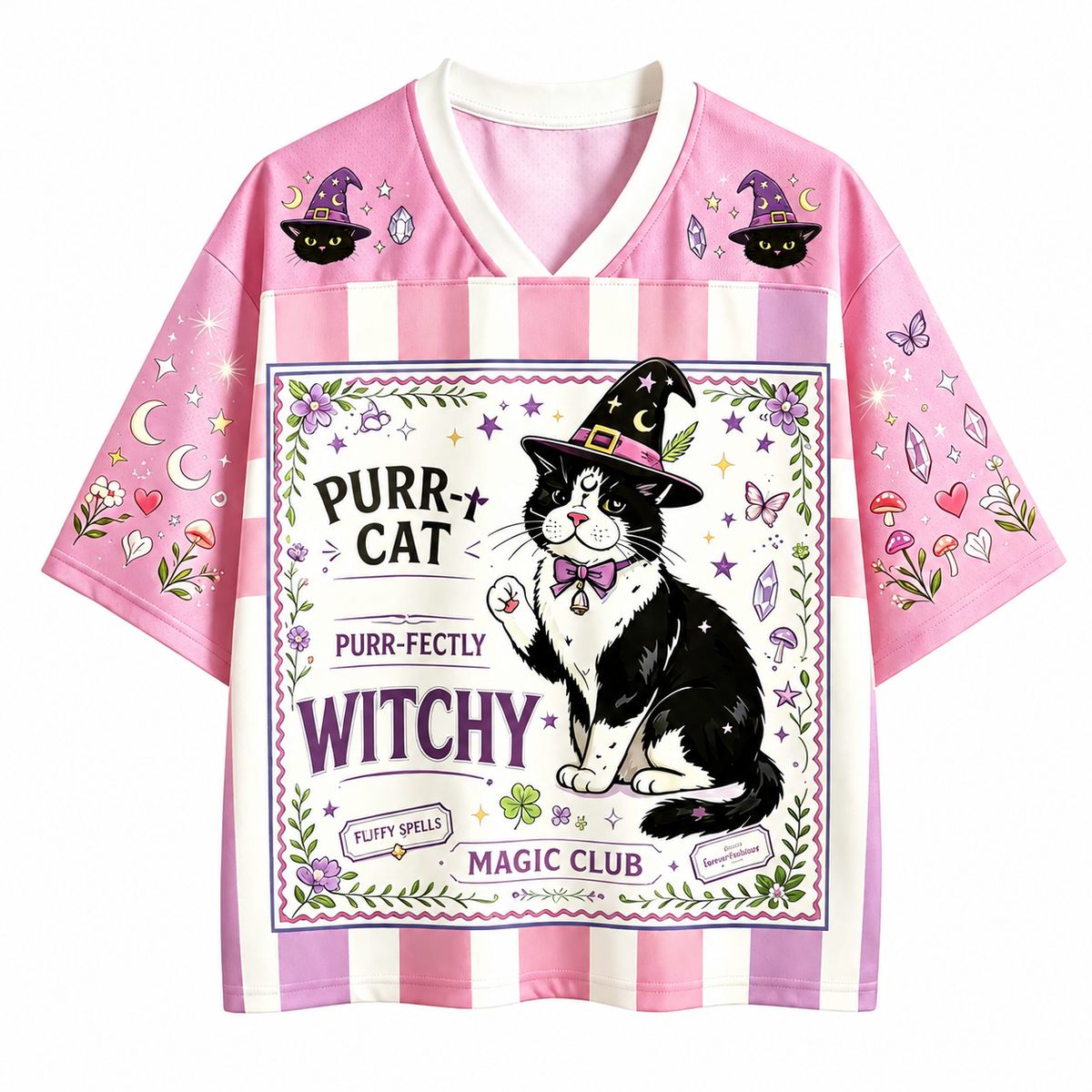 Pink Striped Witch Cat Purr-fectly Witchy Jersey Shirts