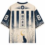 Japanese Ukiyo-e Moon Black Cat Striped Jersey Shirts