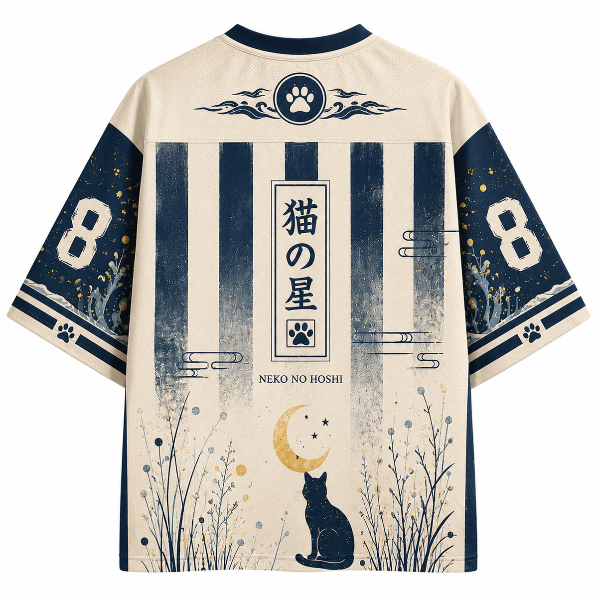 Japanese Ukiyo-e Moon Black Cat Striped Jersey Shirts