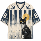 Japanese Ukiyo-e Moon Black Cat Striped Jersey Shirts