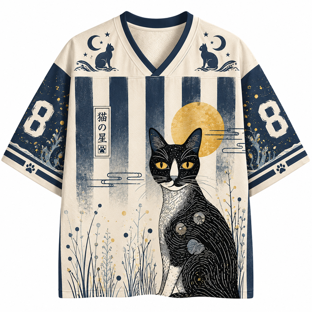 Japanese Ukiyo-e Moon Black Cat Striped Jersey Shirts