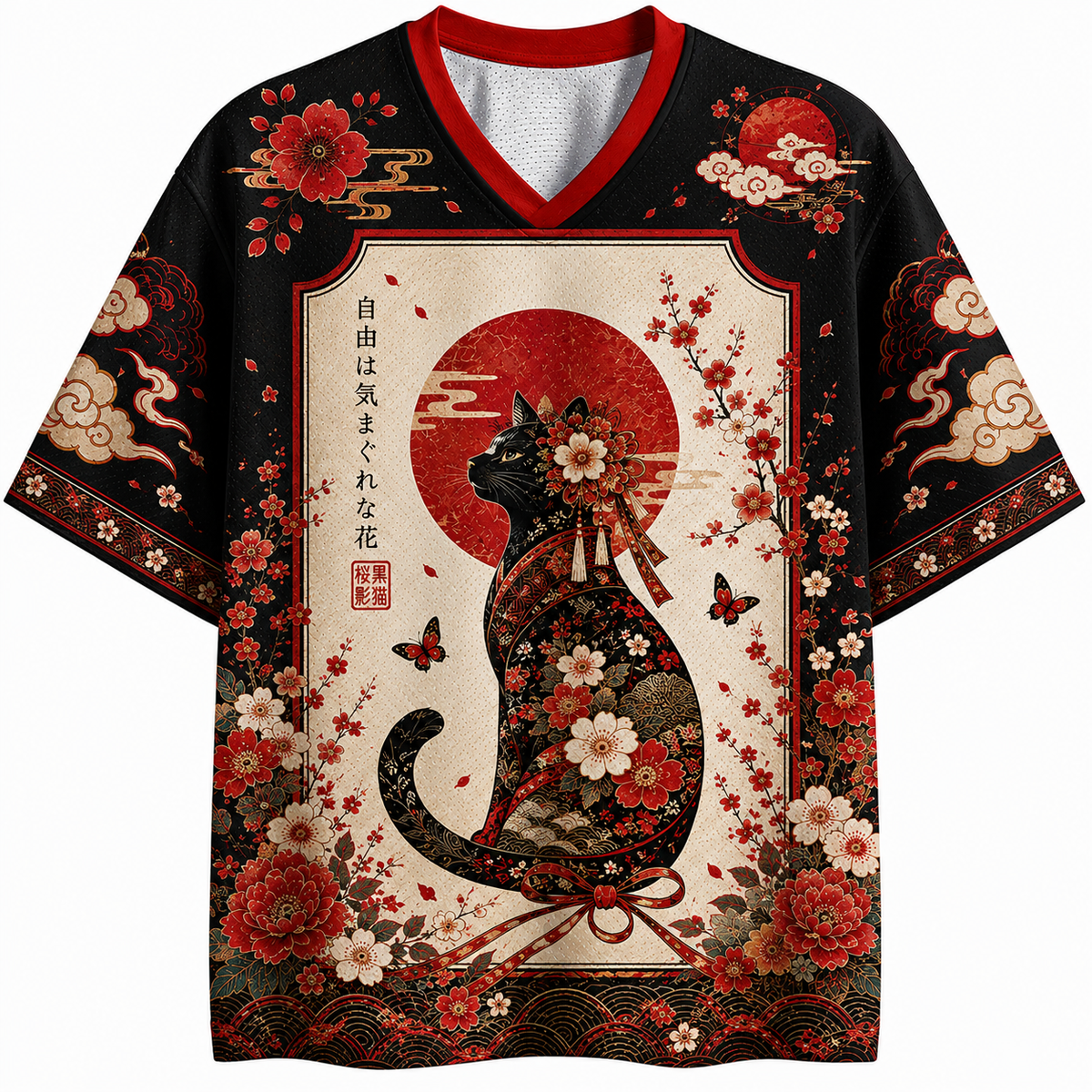 Ukiyo‑e Sakura Black Cat Jersey Shirts