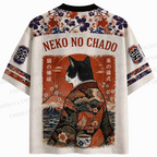 Vintage Ukiyo-e Tea Cat Print Jersey Shirts