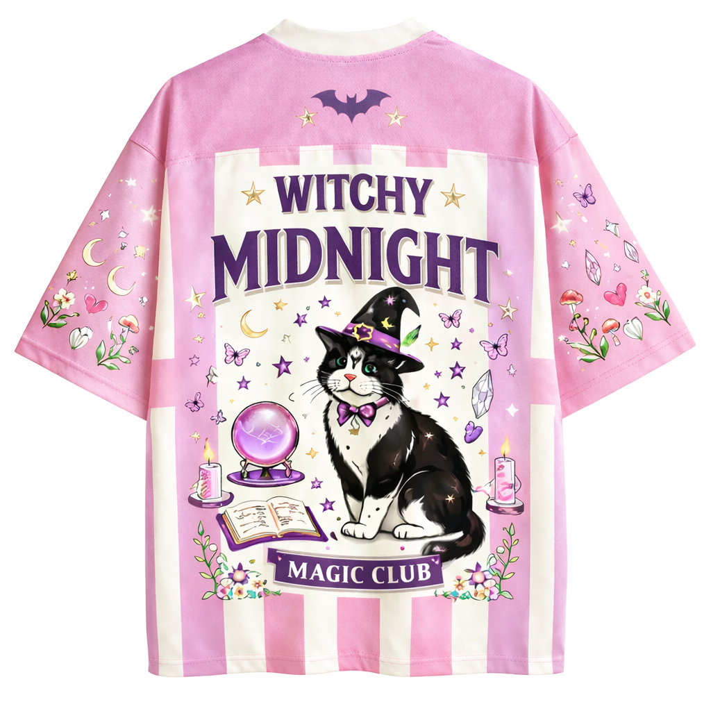 Pink Striped Witch Cat Purr-fectly Witchy Jersey Shirts