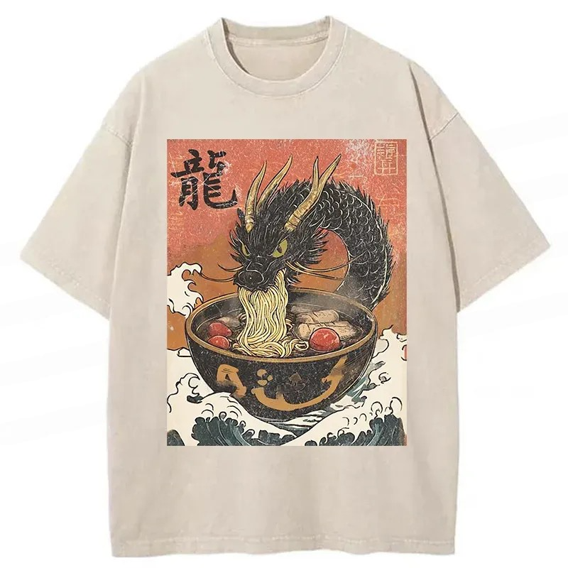 Dragon Eating Delicious Ramen Washed T-Shirt