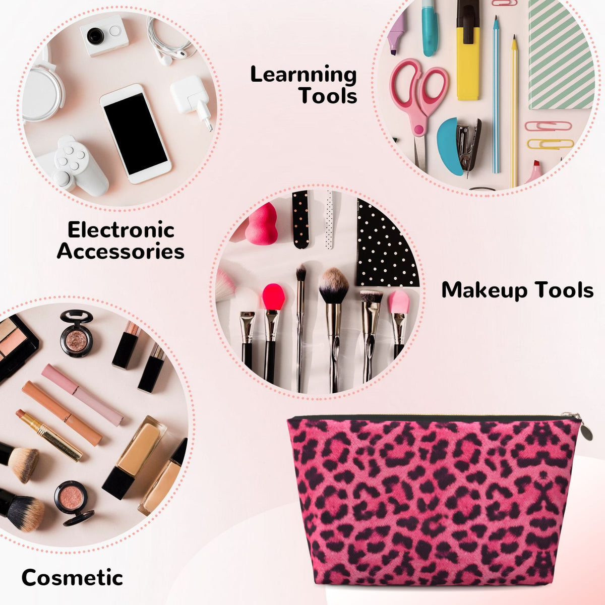 Hot Pink Vintage Leopard Art Printed Makeup Bag