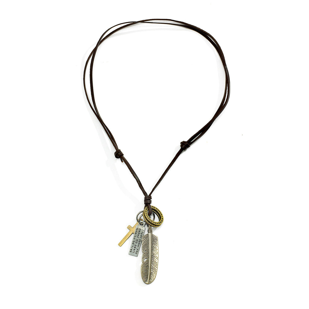 Retro Feather Cross Pendant Necklace