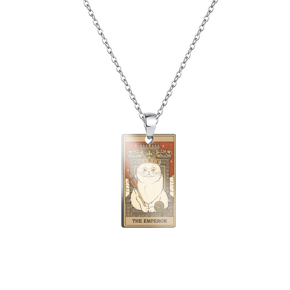 Vintage Tarot Cat Stainless Steel Pendant Necklace
