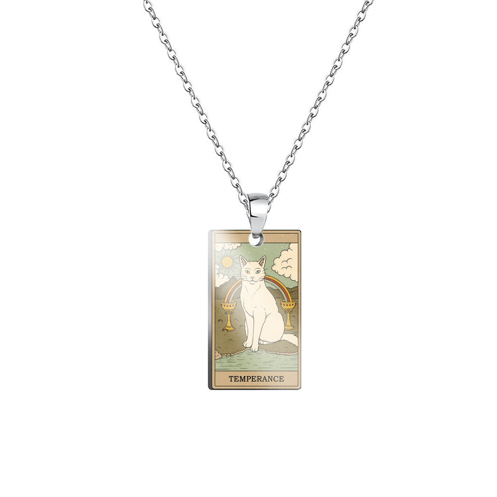 Vintage Tarot Cat Stainless Steel Pendant Necklace