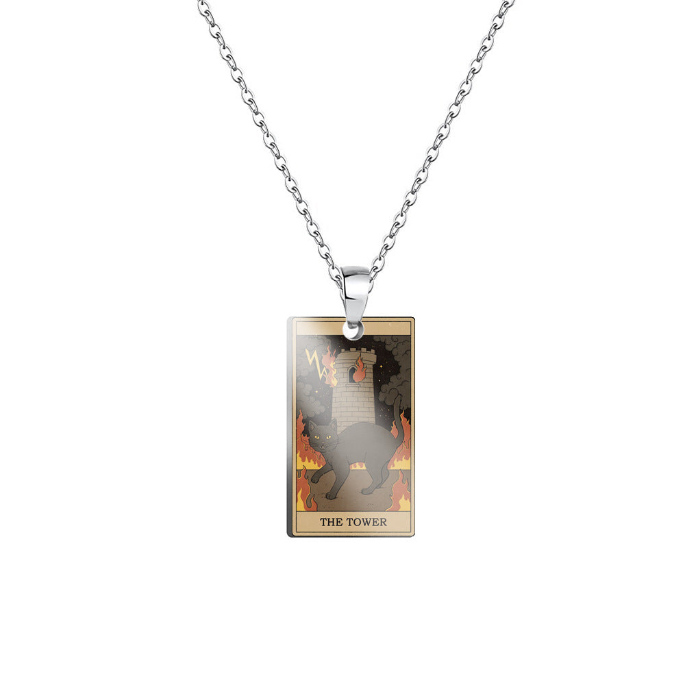Vintage Tarot Cat Stainless Steel Pendant Necklace
