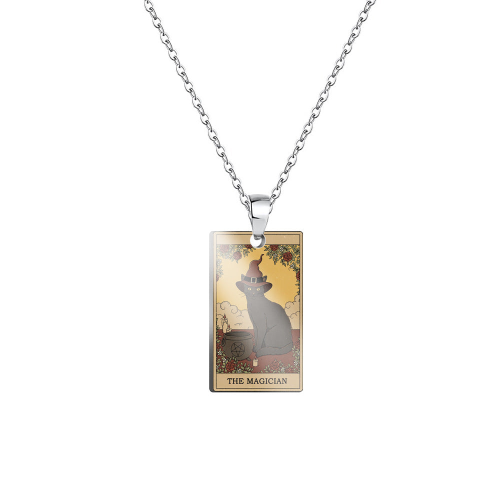 Vintage Tarot Cat Stainless Steel Pendant Necklace
