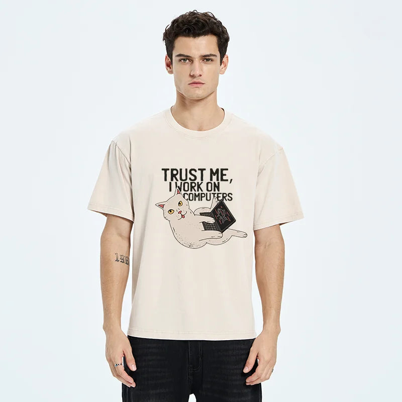 Cat At Work Washed T-Shirt