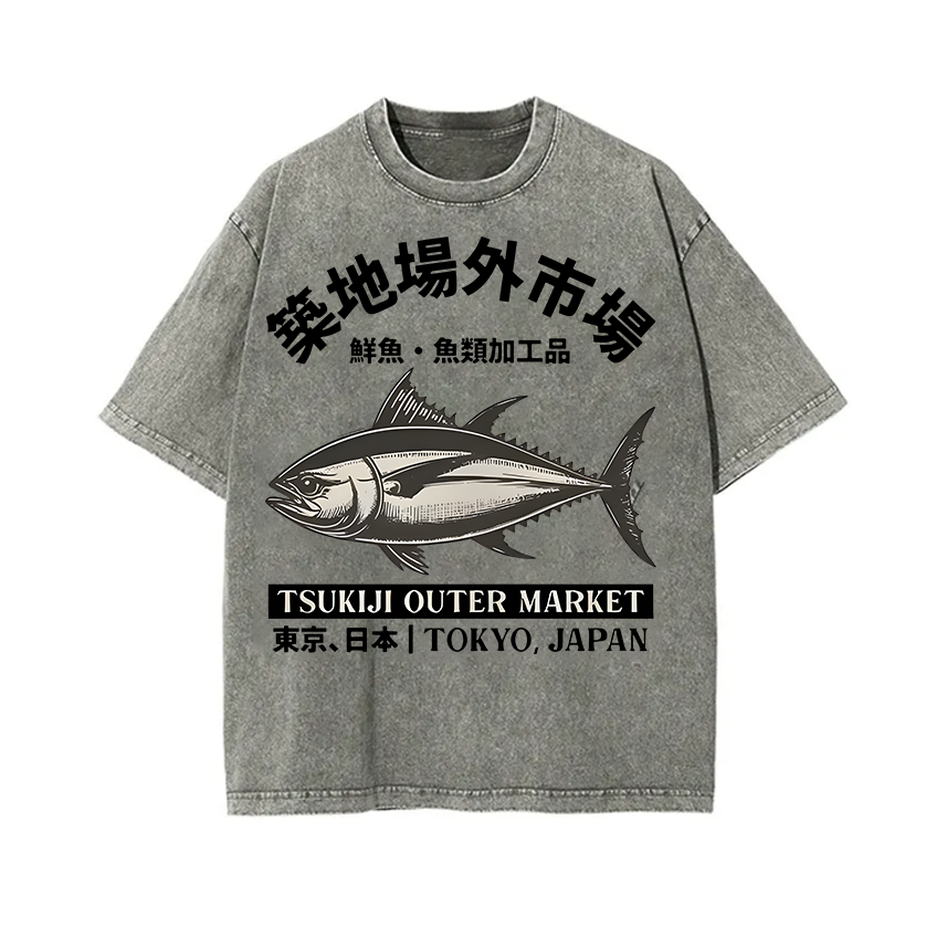 Tsukiji Market Tuna Fish Vintage Wash Japanese Design T-Shirt
