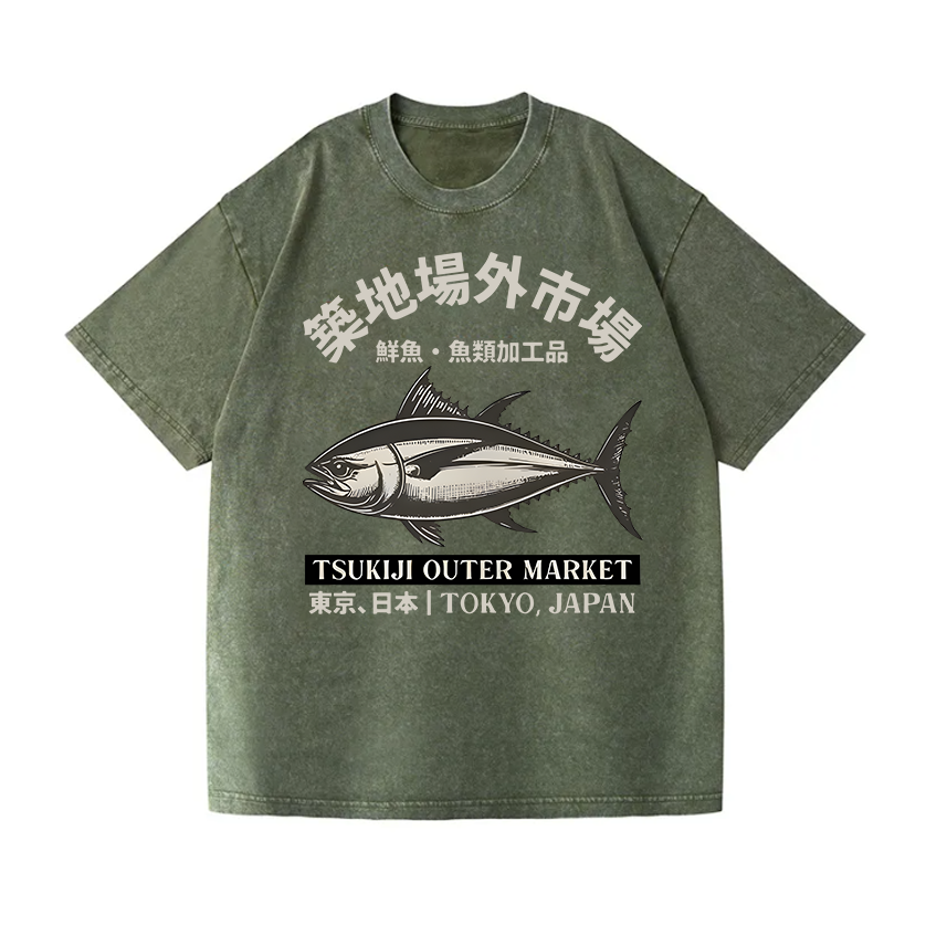 Tsukiji Market Tuna Fish Vintage Wash Japanese Design T-Shirt