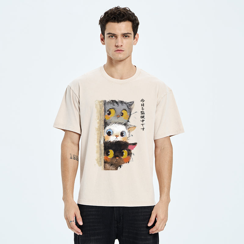 Unisex Three Cats Secretly Monitor Their Owner Washed T-Shirt