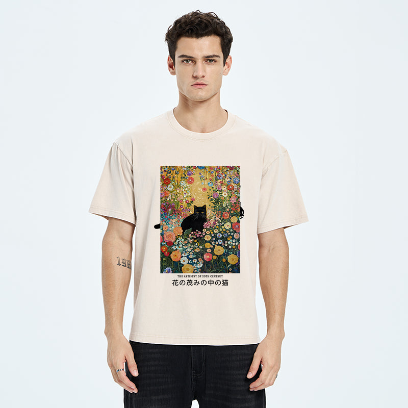 Unisex Black Cat In The Flower Bushes Washed T-Shirt