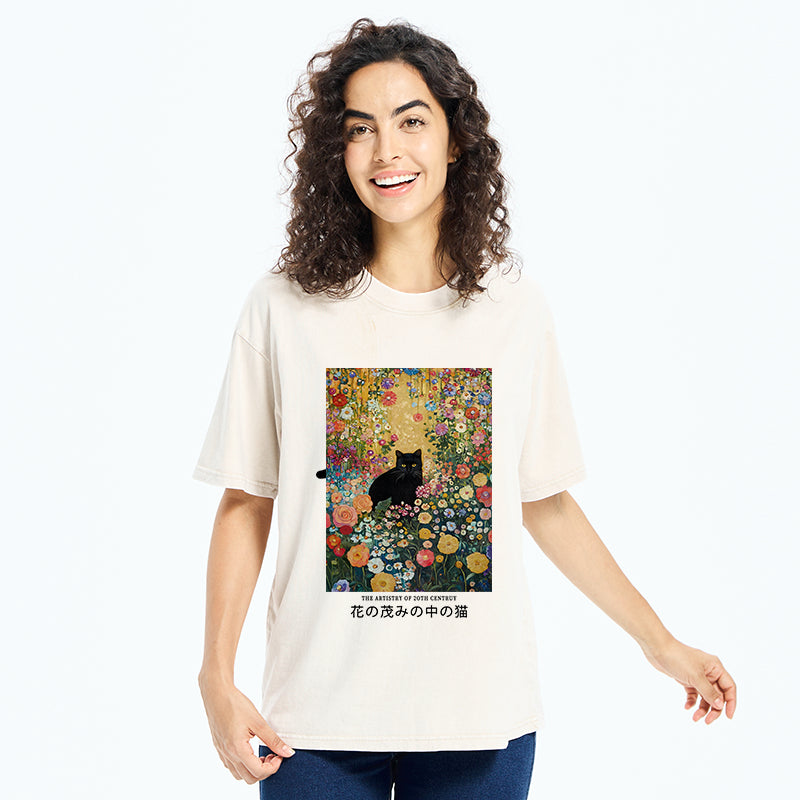 Unisex Black Cat In The Flower Bushes Washed T-Shirt