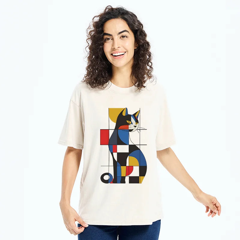 Unisex Mondrian Cat Washed T-Shirt