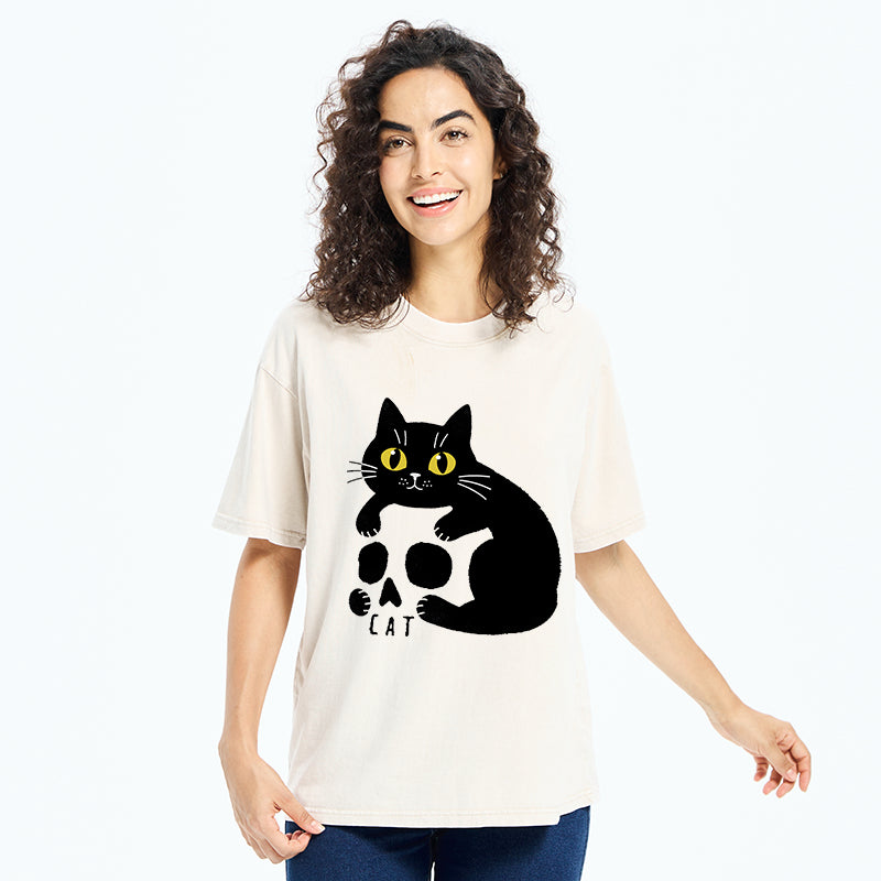 Unisex Cat And Skull Japan Washed T-Shirt
