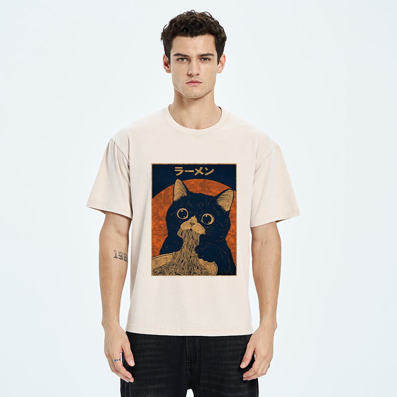 Unisex Retro Black Cat Eats Delicious Ramen Washed T-Shirt