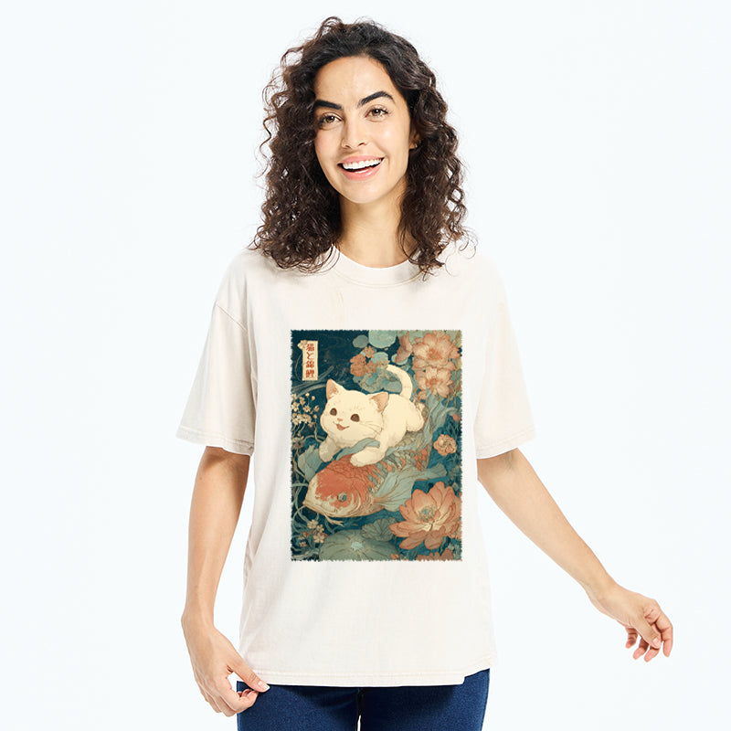 Unisex Cat And Koi Washed T-Shirt
