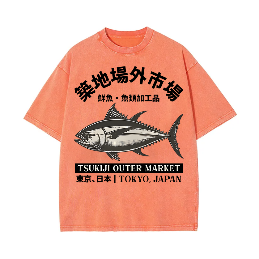 Tsukiji Market Tuna Fish Vintage Wash Japanese Design T-Shirt