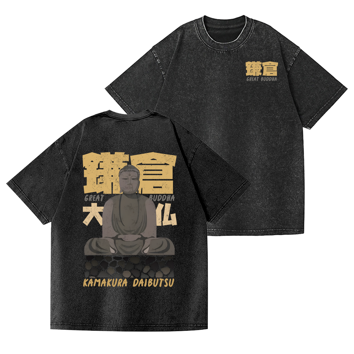 Kamakura Daibutsu Great Buddha Vintage Wash Japanese Design Back Art T-Shirt