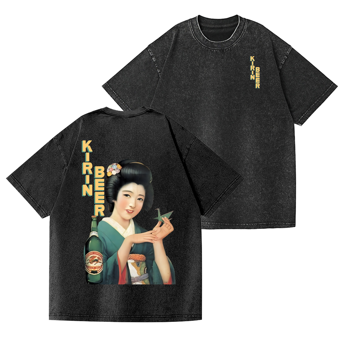 Kirin Beer Vintage Wash Japanese Design Back Art T-Shirt