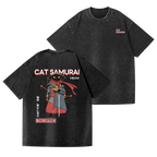 Cat Samurai Vintage Wash Japanese Design Back Art T-Shirt