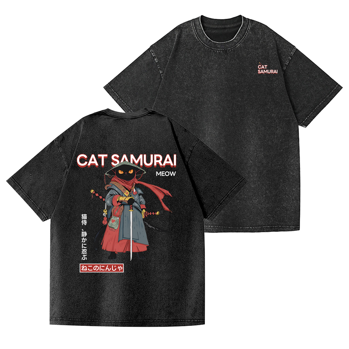 Cat Samurai Vintage Wash Japanese Design Back Art T-Shirt