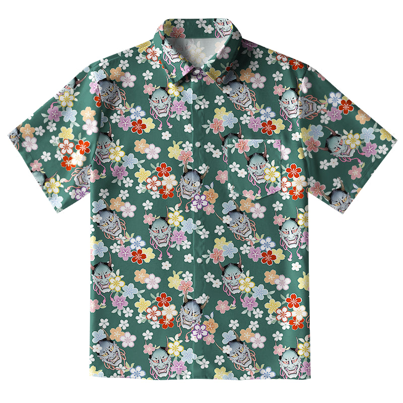 Oni Mask With Floral Button-up Shirt