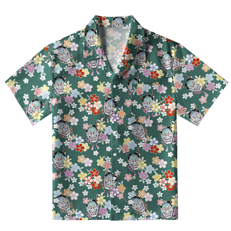 Oni Mask With Floral Aloha Hawaiian Shirt