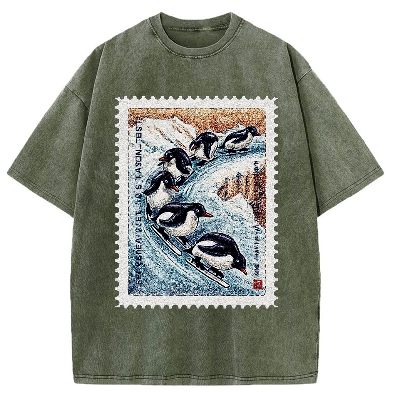 Unisex Gliding Penguin Stamp Washed T-Shirt