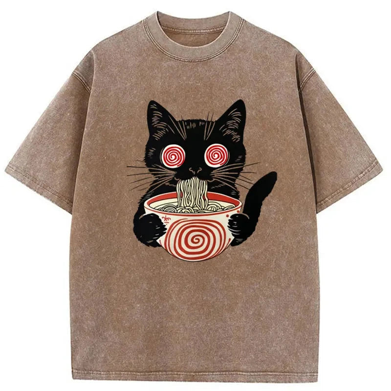 Confused Cat Eating Ramen Washed Vintage T-Shirt