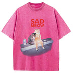 Sad Meow Smoking Cat Washed T-Shirt