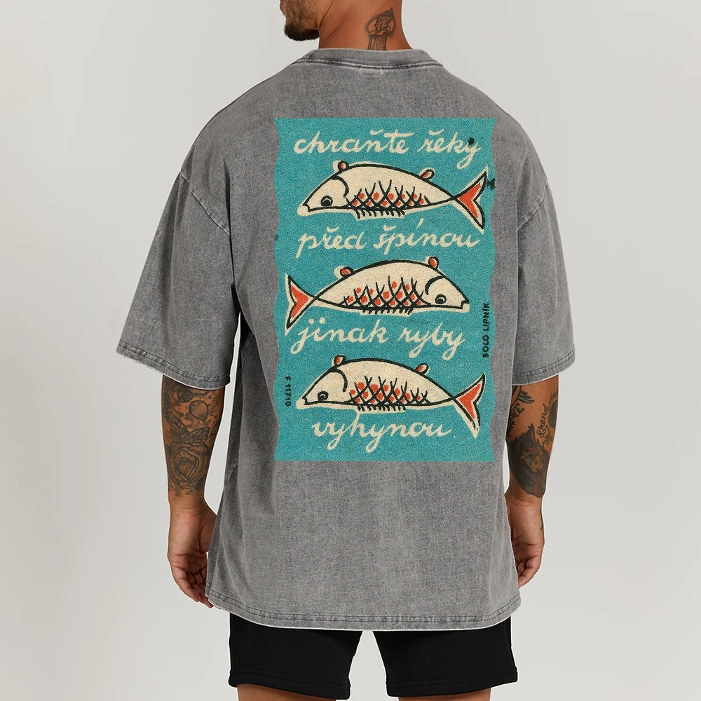 Fishes Pattern Printed Washed Vintage Short Sleeves T-Shirt