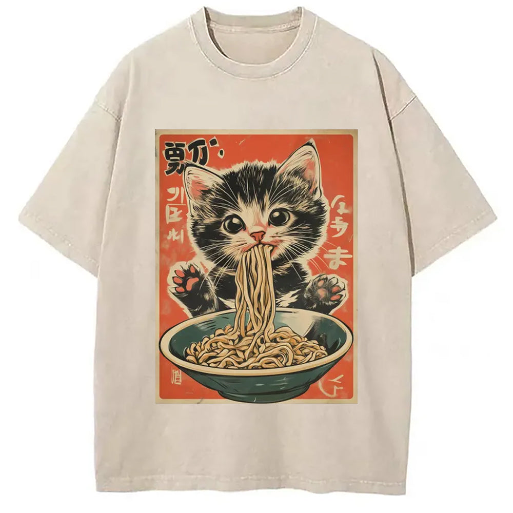 Kawaii Ramen Cat Vintage Japanese Washed T-Shirt