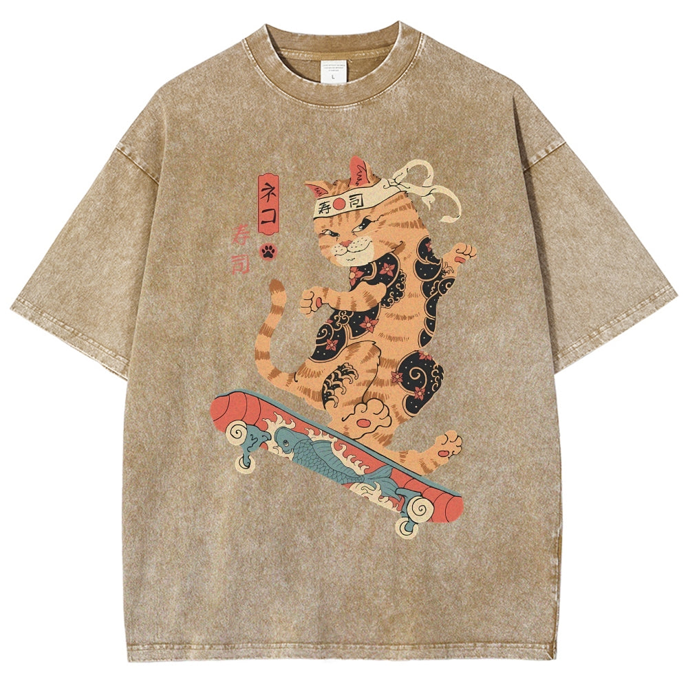 Skate Cat Washed Vintage Short Sleeves T-Shirt
