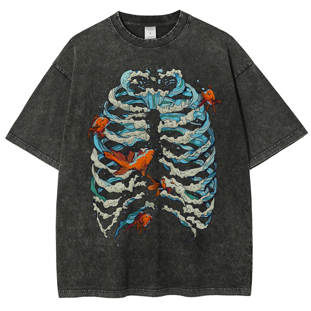 Fish & Wave Bone Art Vintage Cozy T Shirt