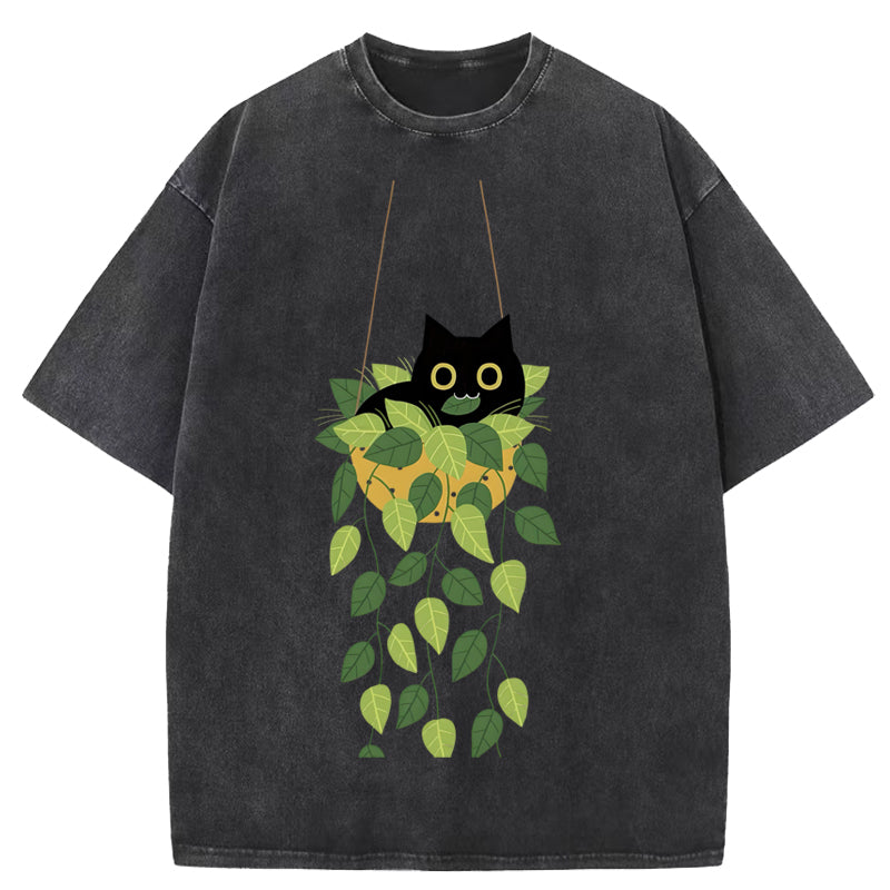 Black Cat And Plants  Washed T-Shirt
